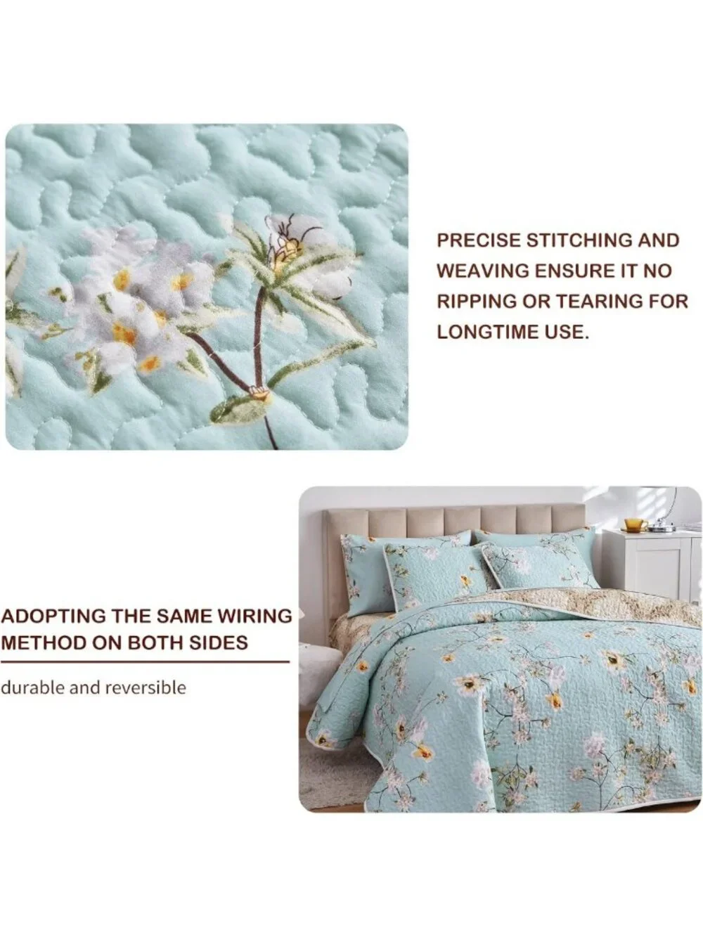 Reversible Floral Quilt Set - Aqua Microfiber Bedspread, Lightweight All-Season